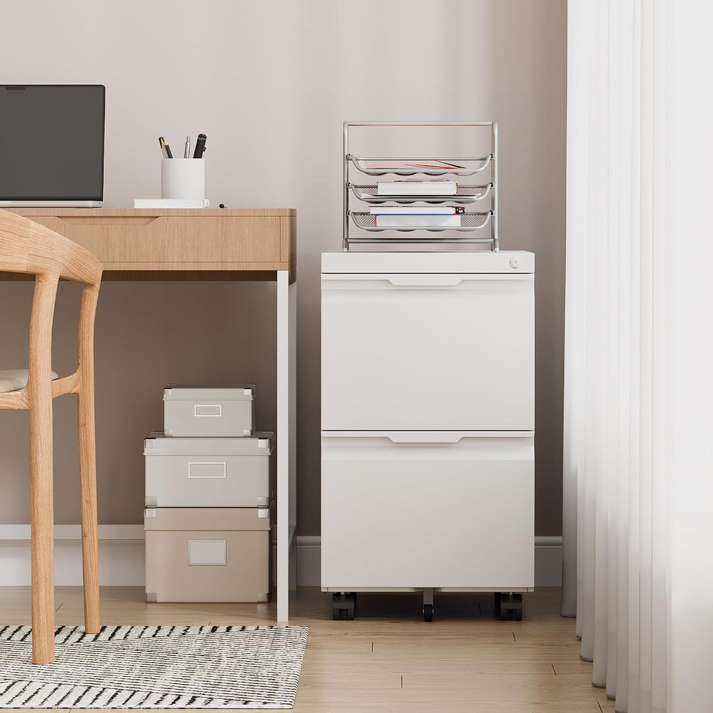 2 Drawer File Cabinet with Lock,Filing Cabinet for Home Office,Small Rolling for Legal/Letter/A4 File,Mobile Cabinets on Wheels Under Desk -White