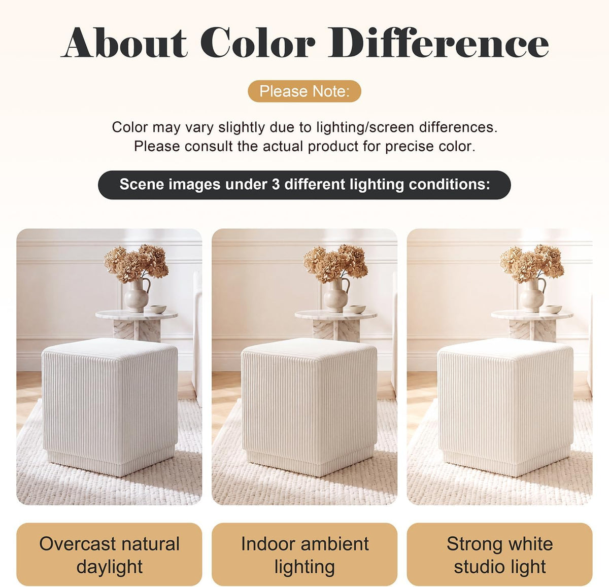 Homebeez Modern Square Ottoman, Vertical Channel Tufted Foot Stool Ottoman, Corduroy Velvet Upholstered Vanity Stool for Makeup, Bedroom, Living Room, Cream White