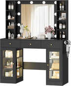 Wodeer Makeup Vanity Desk with Mirror and Lights, Black Vanity with Glass Top, LED Lights & Power Outlet, 3 Drawers & 2 RGB Glass Cabinets, Adjustable Lighted Dressing Table for Women & Girls Bedroom