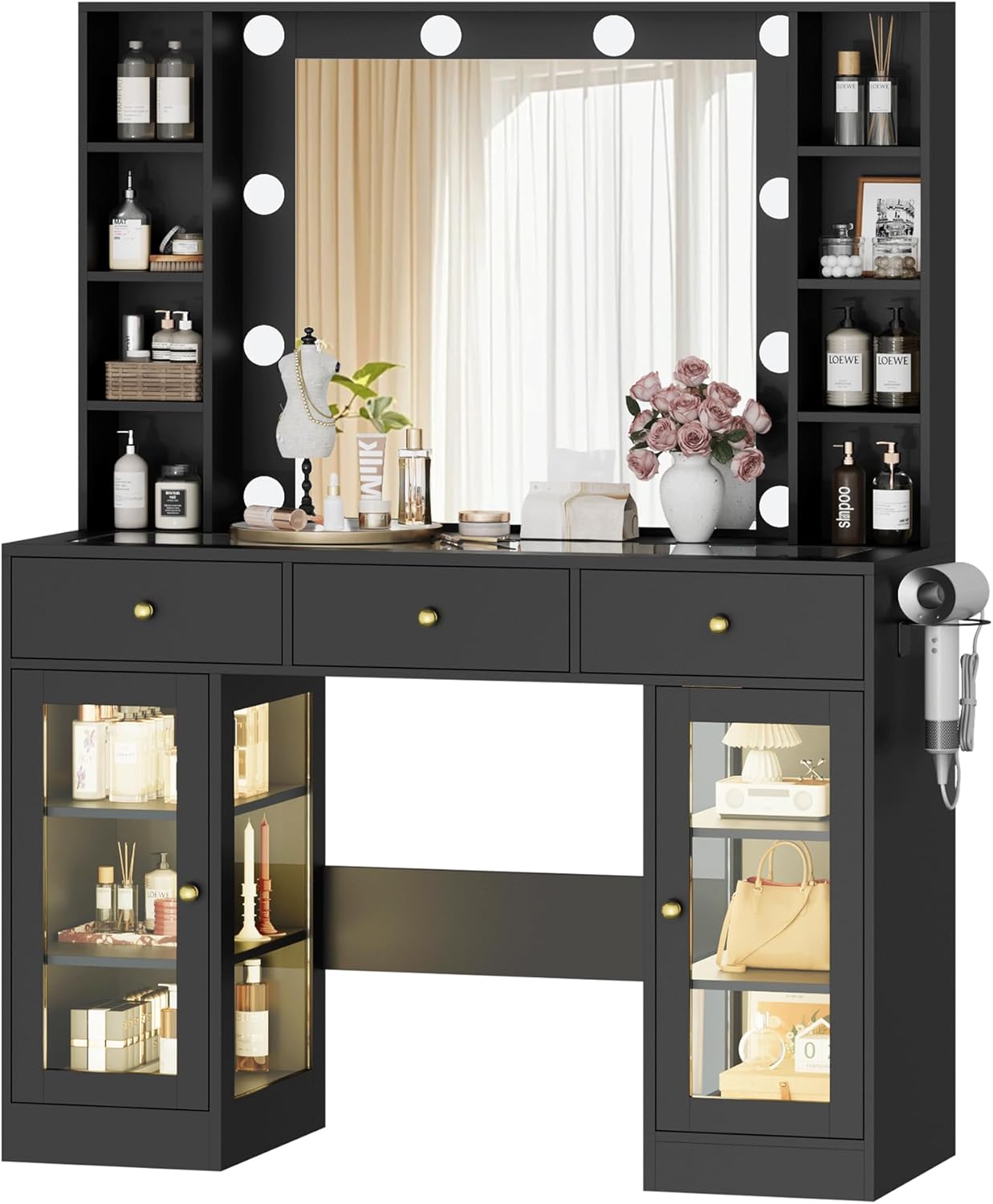 Wodeer Makeup Vanity Desk with Mirror and Lights, Black Vanity with Glass Top, LED Lights & Power Outlet, 3 Drawers & 2 RGB Glass Cabinets, Adjustable Lighted Dressing Table for Women & Girls Bedroom