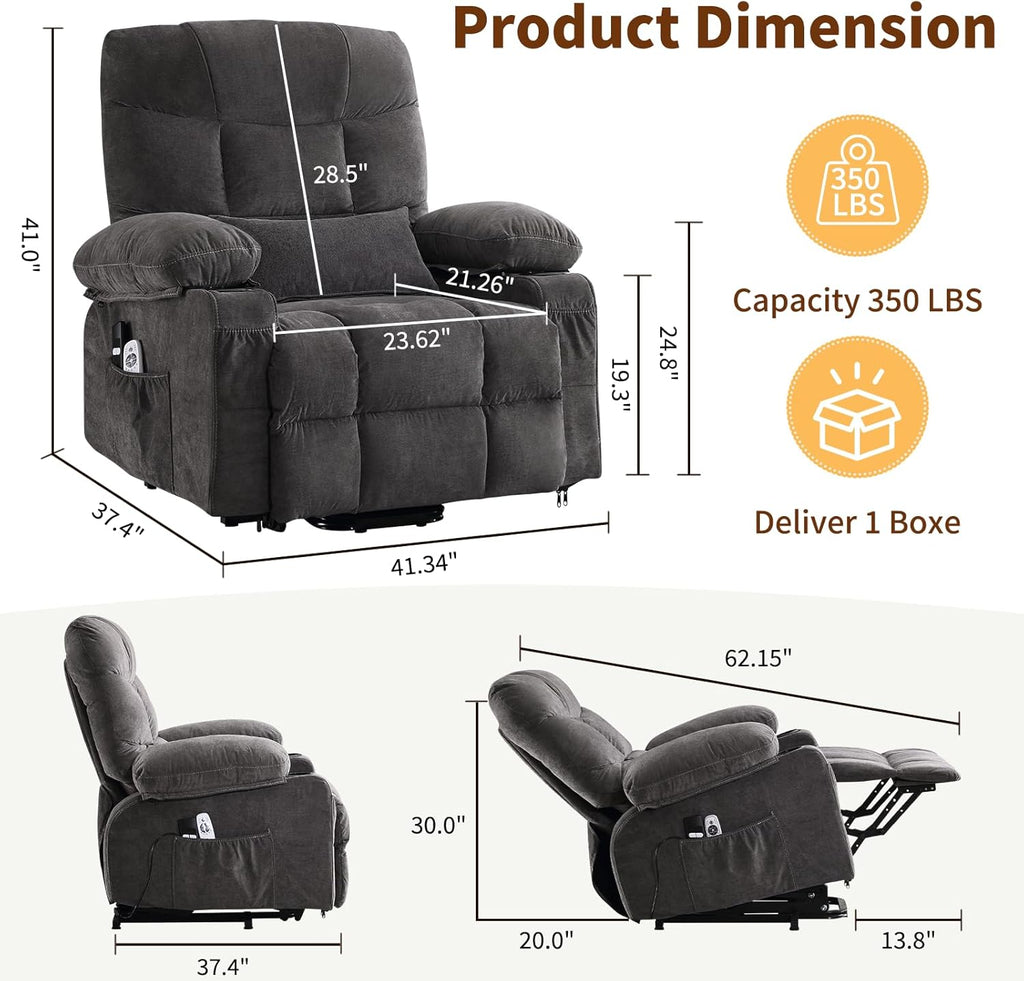 Power Lift Recliner Chair for Elderly with Massage and Heat, Comfortable Electric Power Reclining Chair with Side Pockets,2 Cup Holders and USB Charging Port for Living Room (Grey)