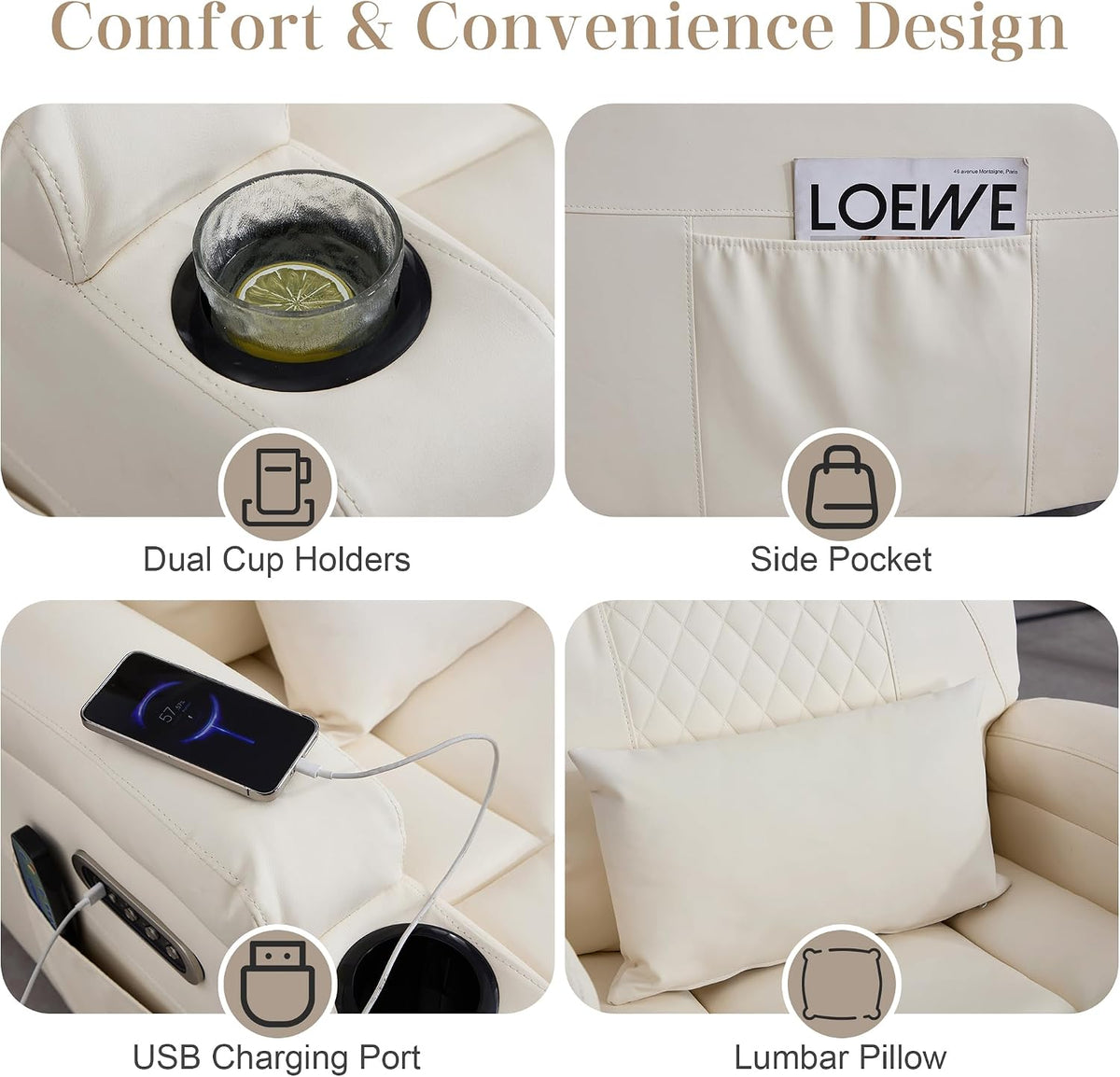AHMED Dual Motor Power Swivel Rocker Recliner Chair, Faux Leather, Beige | Electric Glider Rocking Chairs, Massage & Heat, Cup Holders, LED Lights, USB A/USB C Ports