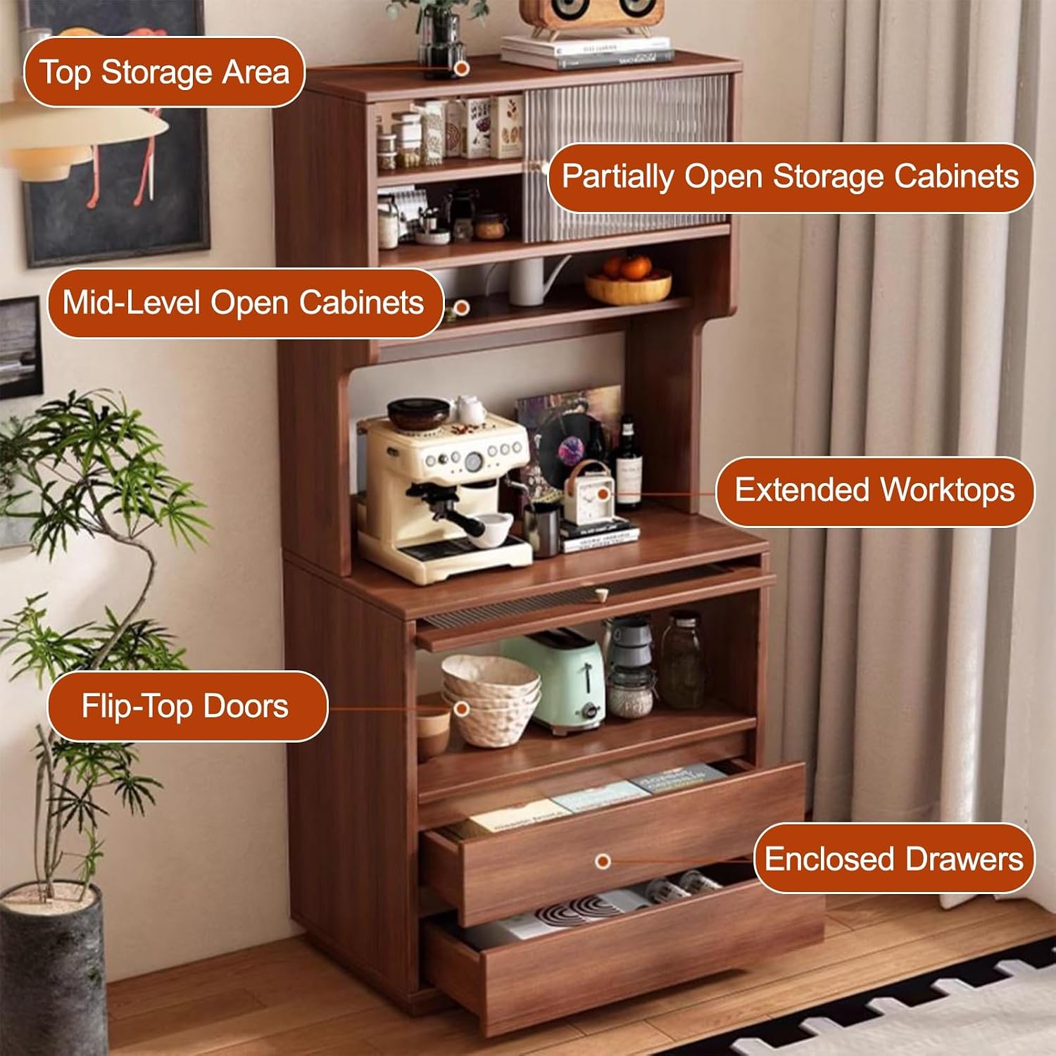 Kitchen Pantry Cabinet, Pantry Storage Cabinet with Doors and Shelves, Tall Storage Cabinet, Coffee Bar Workstation, for Dining Room, Living Room(Brown,50cm/19.7in)