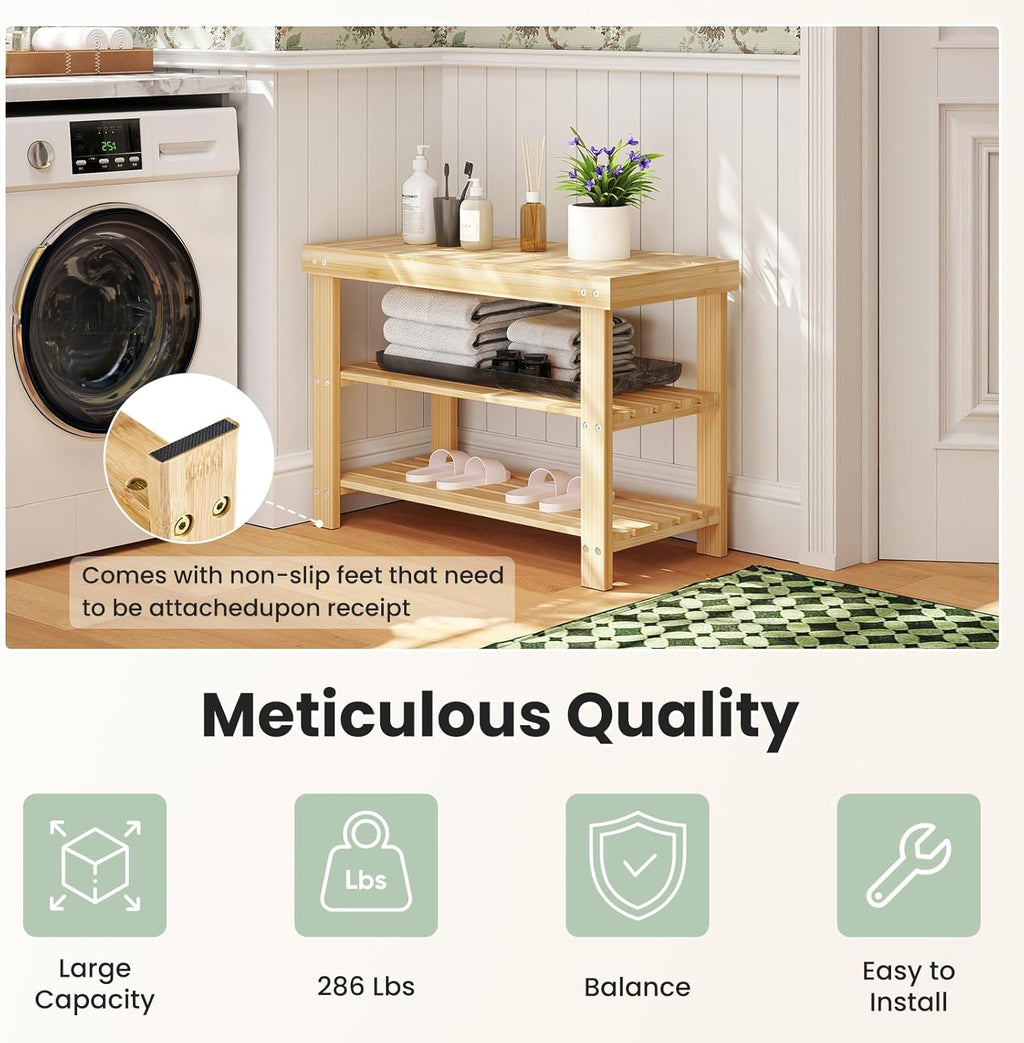 DUMOS Shoe Rack Bench with Storage, 3-Tier Bamboo Entryway Benches, Wooden Shoe Rack Holds Up to 286 lb Storage Organizer, Suitable for Bedroom Living Room Balcony, Classical Wood