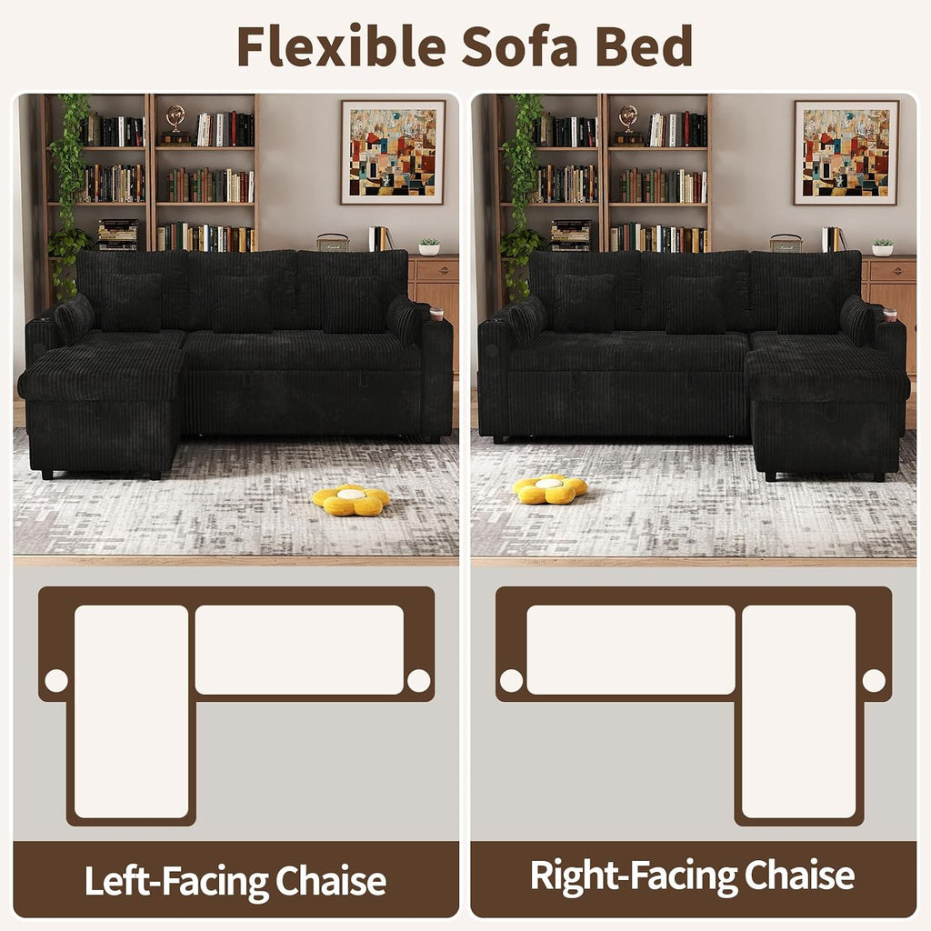 3 in 1 Pull Out Couch, Corduroy L Shaped Couch Sleeper Sofa Bed, Black | Reversible Storage Chaise, Charging Station, Cup Holder, Sleeper Sofa, for Living Room Apartment
