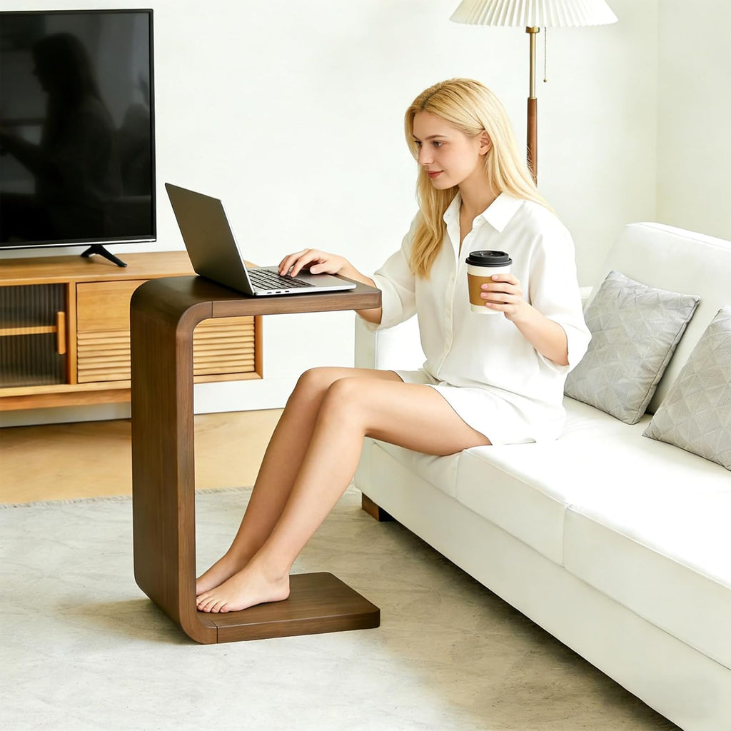Lefedrasticity C Shaped End Table Small Side Table for Couch Walnut Sofa Table Wooden Narrow Couch Side Table Rustic C Table for Living Room Office Bedroom (Walnut)