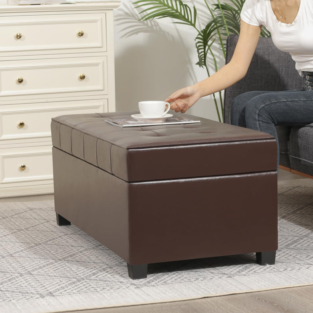 Homebeez 40" Faux Leather Storage Ottoman Bench, End of Bed Bench, Upholstered Bench with Storage for Living Room,Bedroom,Entryway (40" Brown)