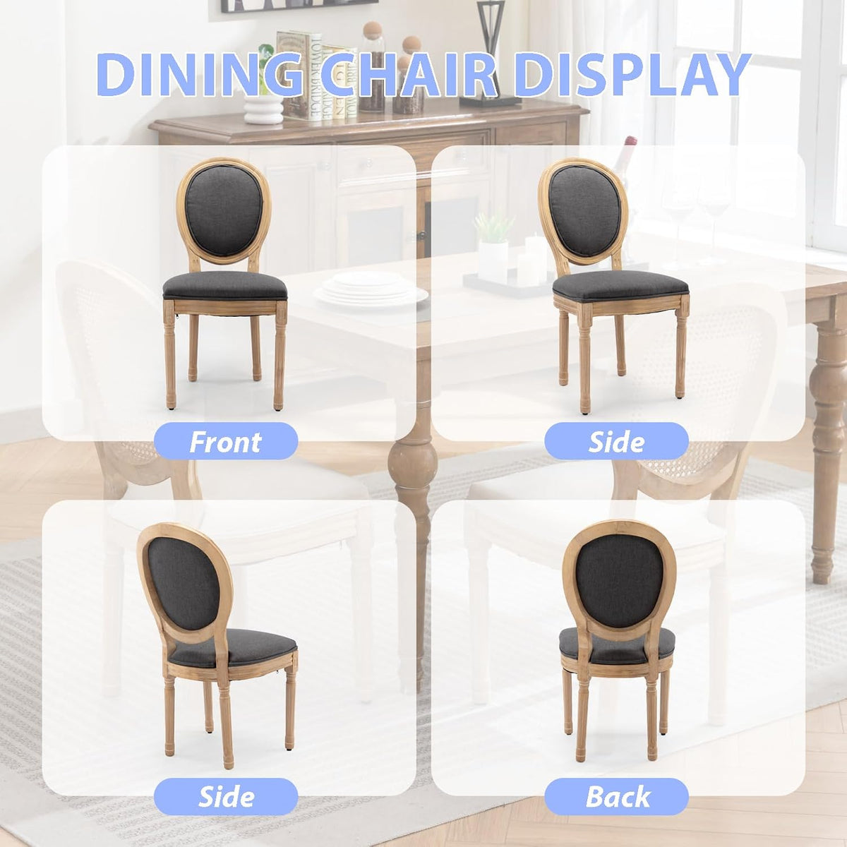 French Country Dining Chairs Set of 4, Upholstered Dining Room Chairs with Round Back, Solid Wood Legs, Oval Side Chairs for Kitchen,Bedroom,Dining Room,Restaurant(Dark Grey-Fabric)