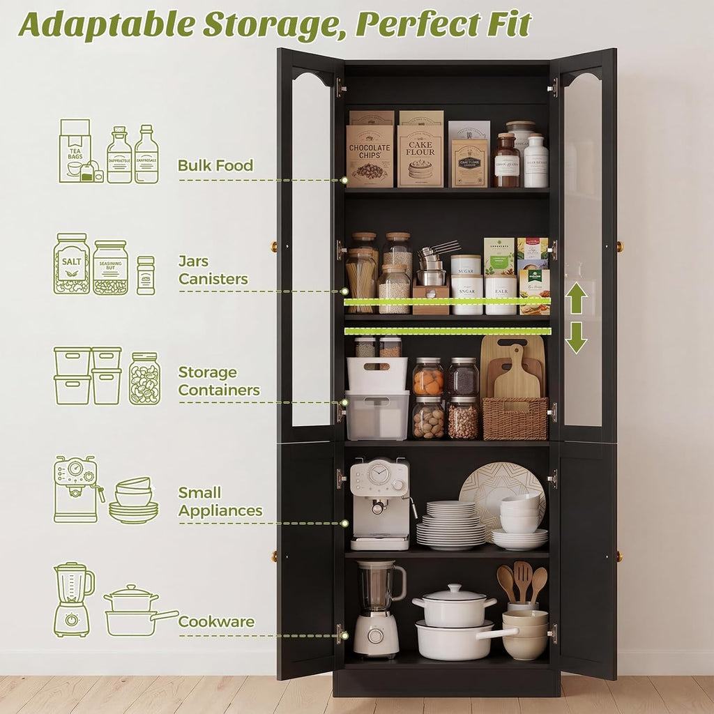 Cyclysio 80" Tall Pantry Cabinet with 8 Doors, Black Kitchen Pantry Storage Cabinet with Built-in Baseboard Notch & Adjustable Shelves – Kitchen Storage Cabinet for Dining, Living Room, Office