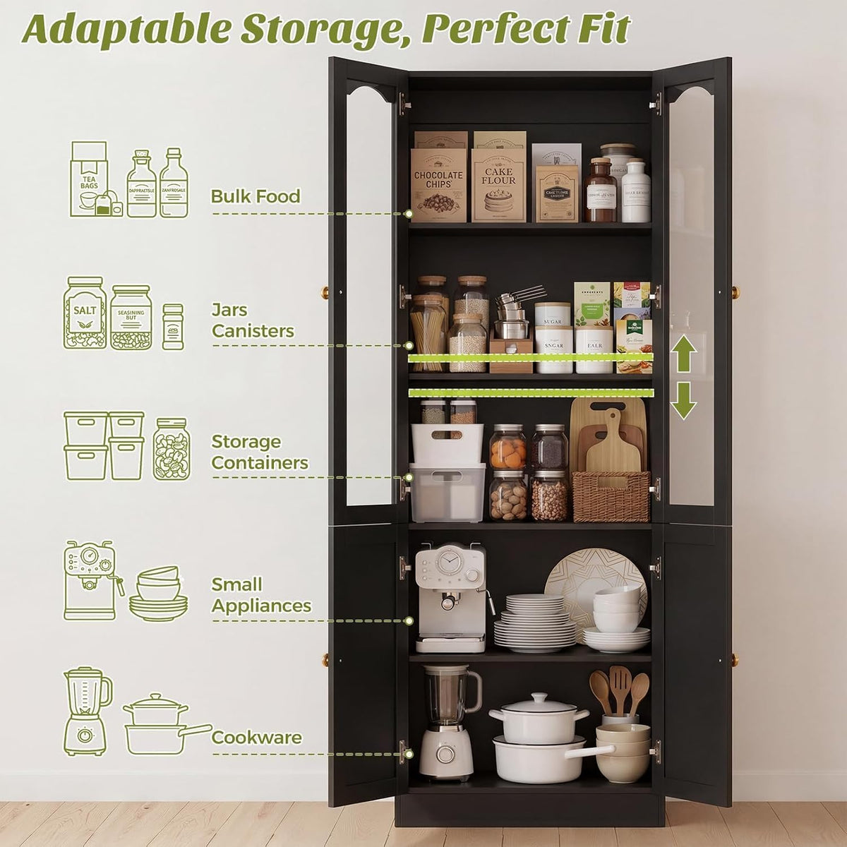 Cyclysio 80" Tall Pantry Cabinet with 8 Doors, Black Kitchen Pantry Storage Cabinet with Built-in Baseboard Notch & Adjustable Shelves – Kitchen Storage Cabinet for Dining, Living Room, Office