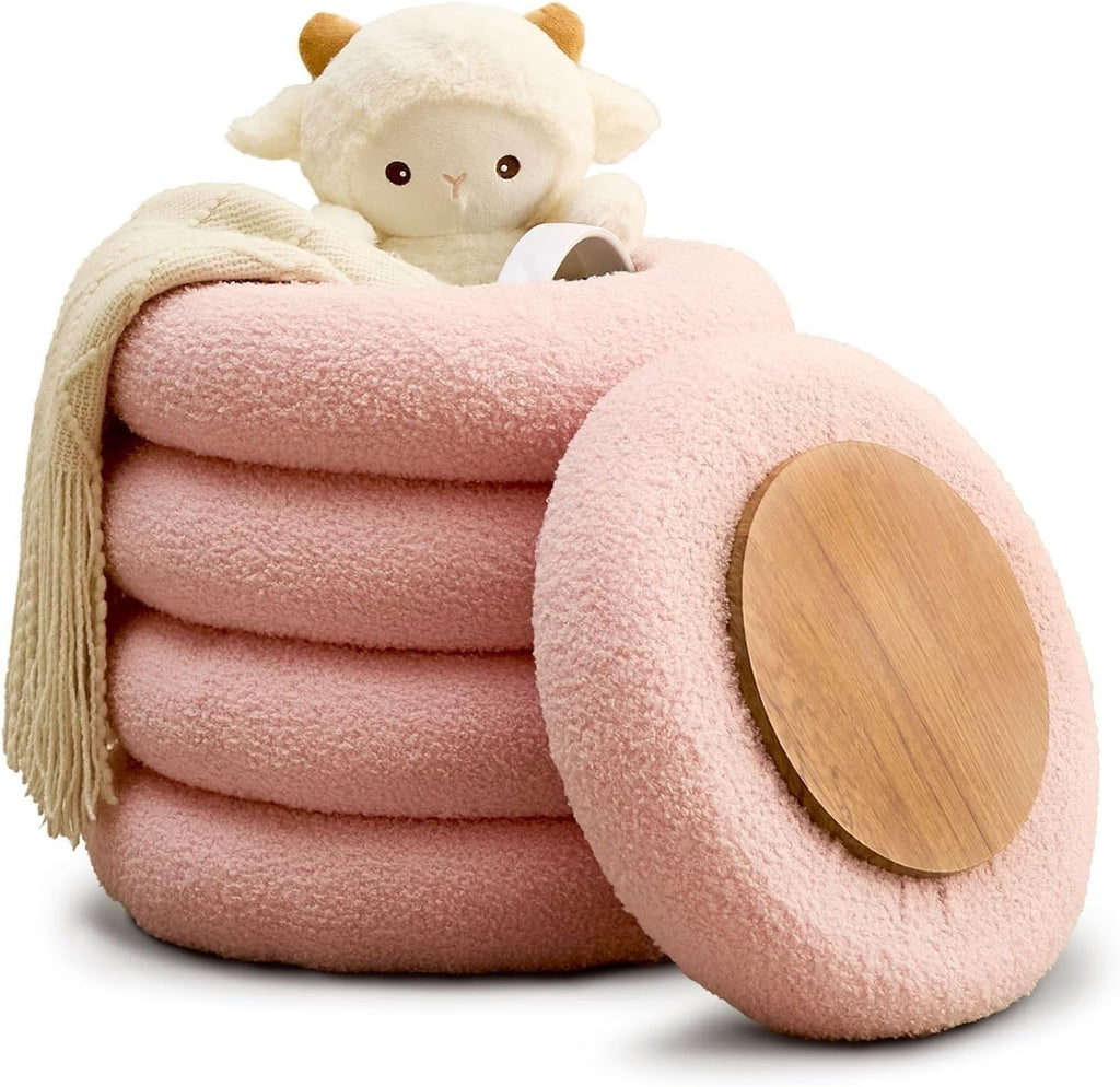 Round Storage, Footstool, Dressing Stool with flip Tray, Home Decoration Makeup Chair, Living Room and Bedroom Soft Cushioned Footstool (Pink)