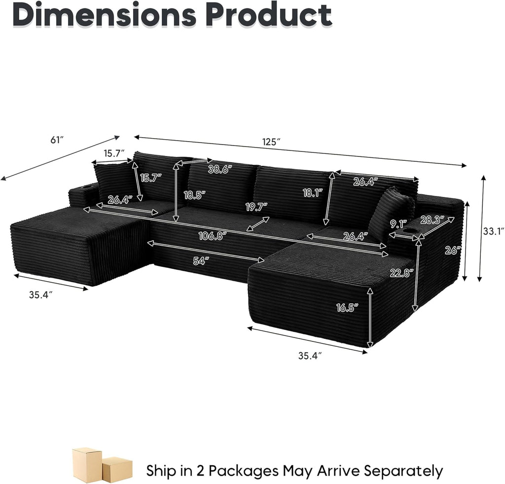 125" U-Shaped Modular Sectional Sofa, Corduroy Couch, Black