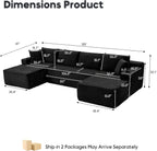 125" U-Shaped Modular Sectional Sofa, Corduroy Couch, Black