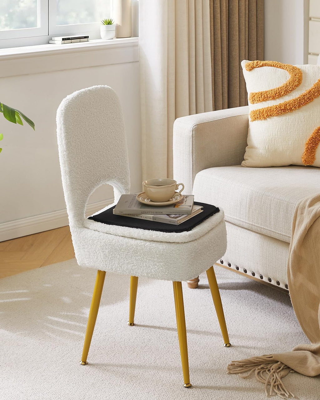 IBUYKE Small Storage Vanity Stool with Folding Backrest, 12.99" x 13.78" x 31.5" Square Teddy Velvet Ottoman, Makeup Chair for Living Room, 4 Metal Legs with Anti-Slip Feet, White WBD027W