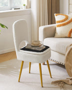 IBUYKE Small Storage Vanity Stool with Folding Backrest, 12.99" x 13.78" x 31.5" Square Teddy Velvet Ottoman, Makeup Chair for Living Room, 4 Metal Legs with Anti-Slip Feet, White WBD027W