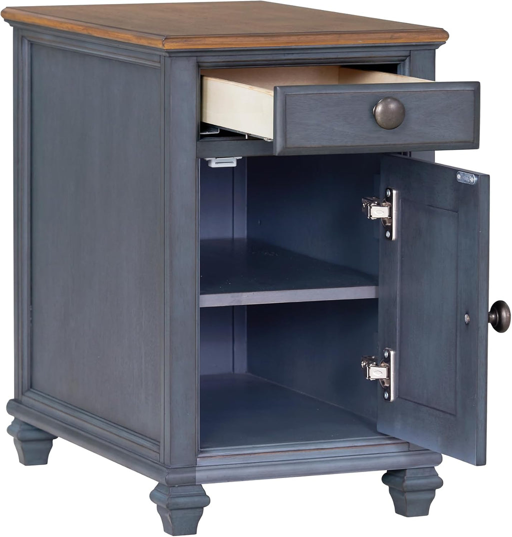 Bridgevine Home Americana 14” Chairside Table – Narrow Farmhouse End Table with Drawer & Cabinet Storage, Fully Assembled Accent Table, Corduroy Blue Finish, Antique Pewter Hardware