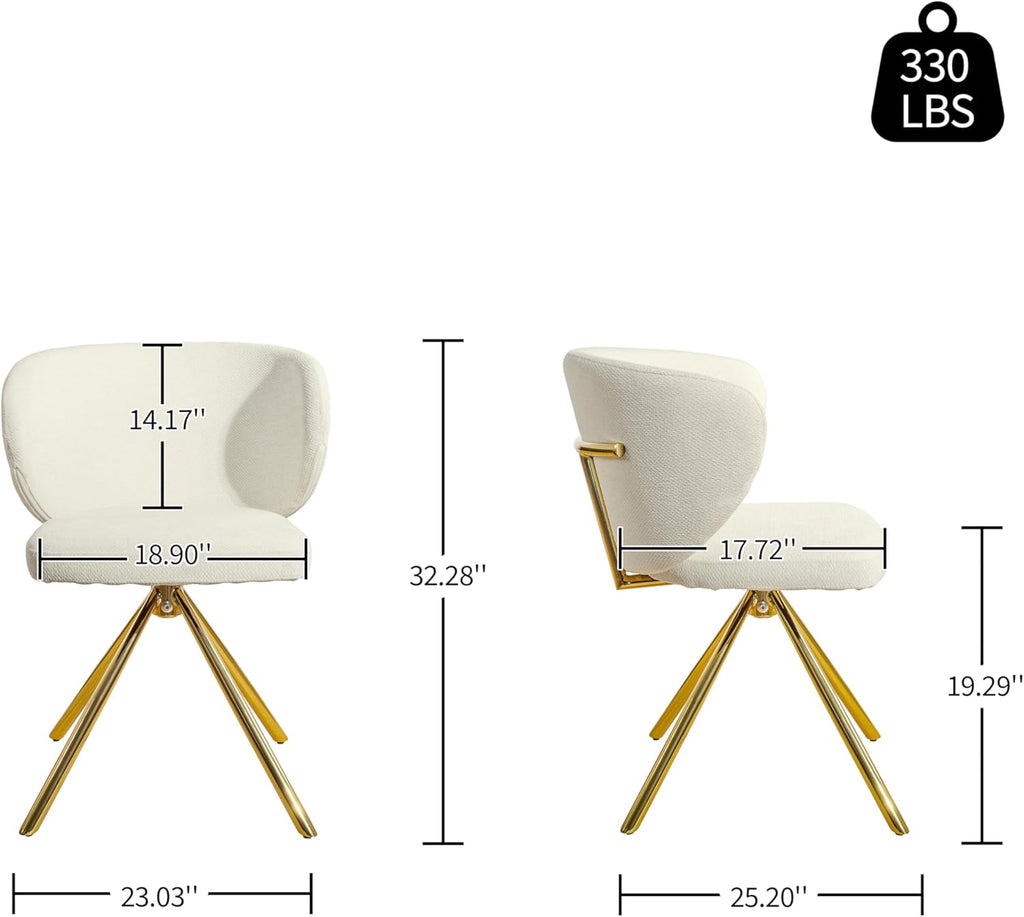 Art Leon Swivel Dining Chairs Set of 2 - Modern Fabric Upholstered Kitchen Dining Room Chairs, Armless Accent Chairs with Golden Metal Legs, Side Chairs for Vanity, Off White