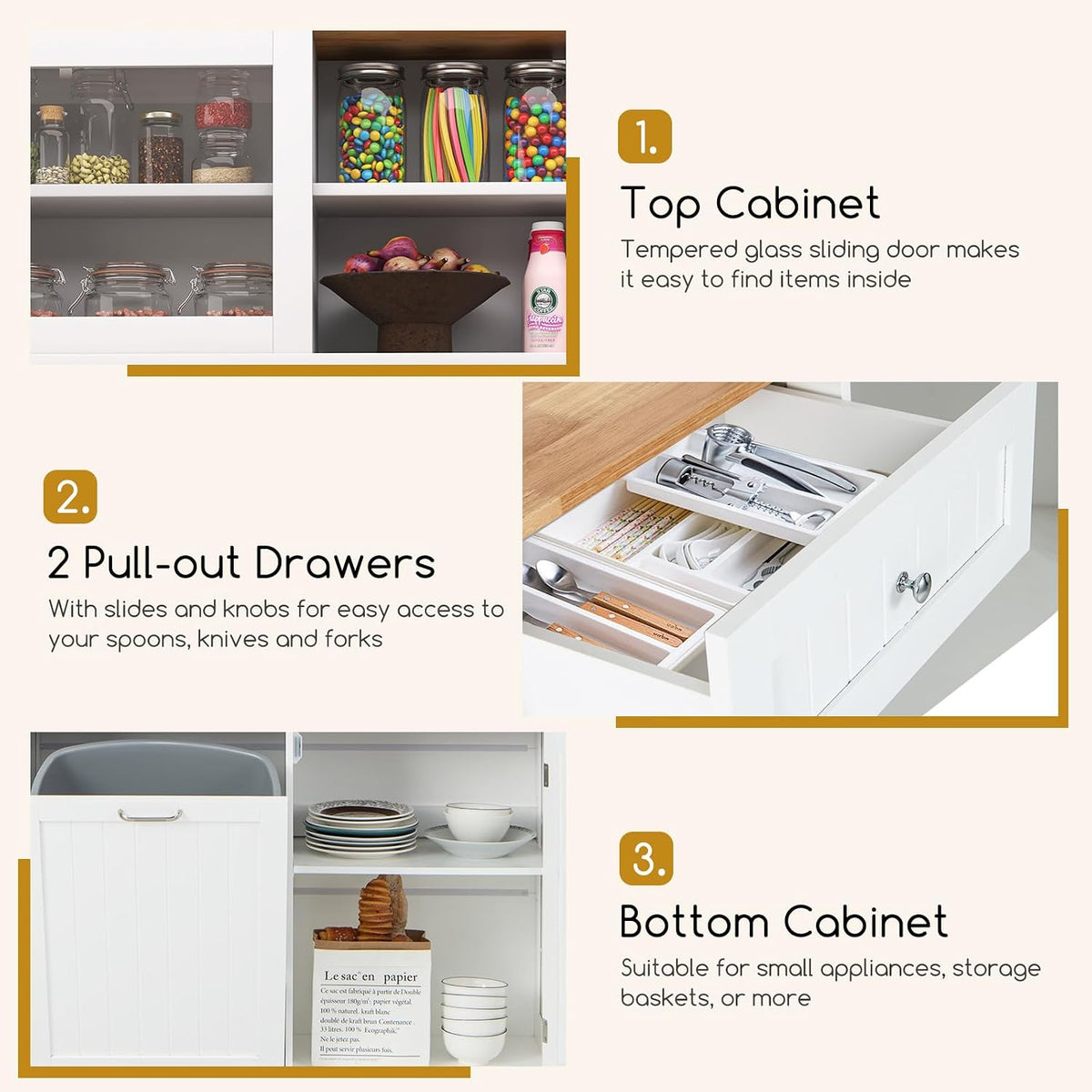 68" Tall Kitchen Pantry Cabinet, Freestanding Kitchen Hutch w/Tilt Out Trash Can Cabinet, Microwave Countertop, Sliding Glass Door, Wooden Dining Room Cupboard