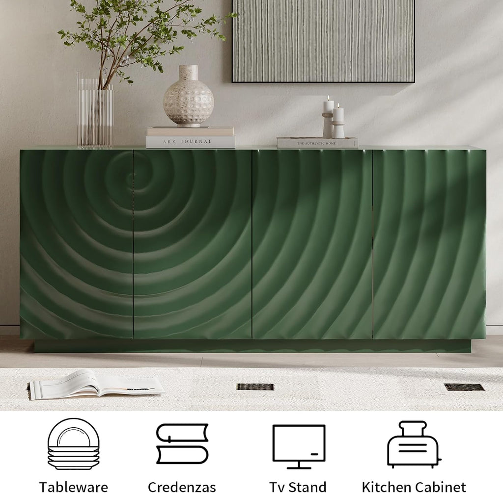 LKTART 59" Sideboard Buffet Cabinet with Storage, 4 Doors Modern Accent Storage Sideboard, Floor Cabinet Buffet with Spiral Grain for Kitchen, Living Room (Green)