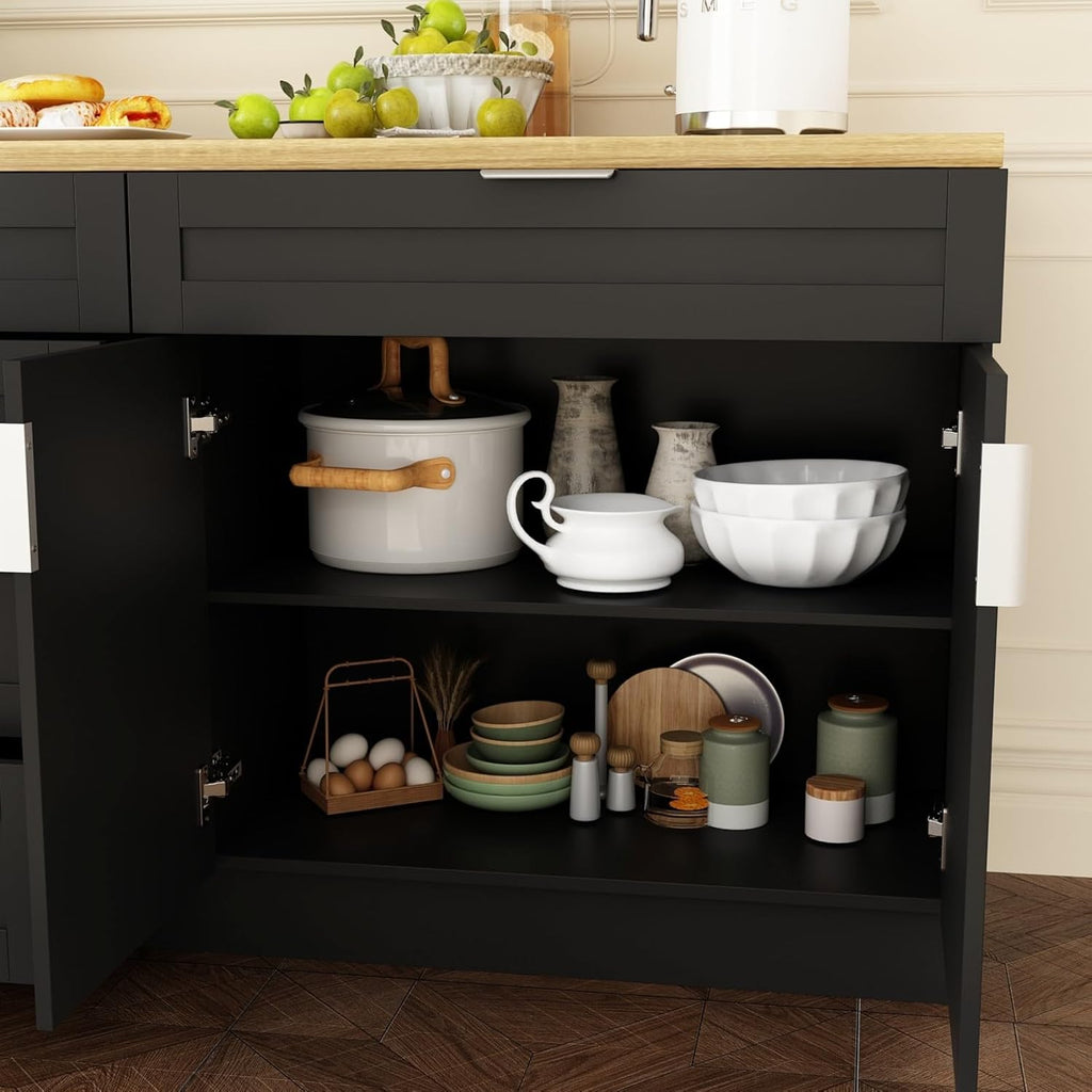 Kitchen Cabinet Set with 5 Drawers and Shelves, Wall-Mounted Pantry Cabinet Set with Doors & Countertop, for Kitchen Storage Black and Oak