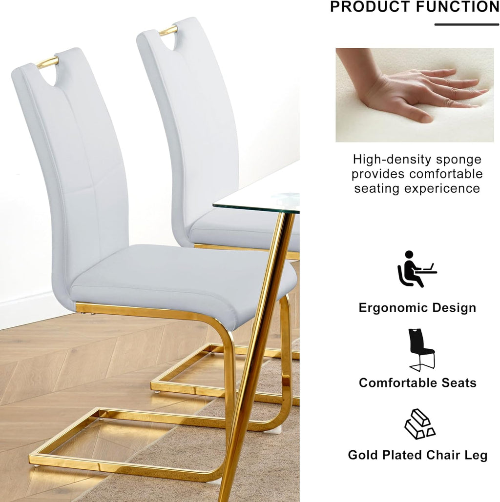 70" Glass Dining Table Set for 6, Modern Kitchen Table with 6 PU Leather Dining Chairs 7-Piece Dining Table and Chairs for 6 with Shiny Gold Metal Pedestal Base