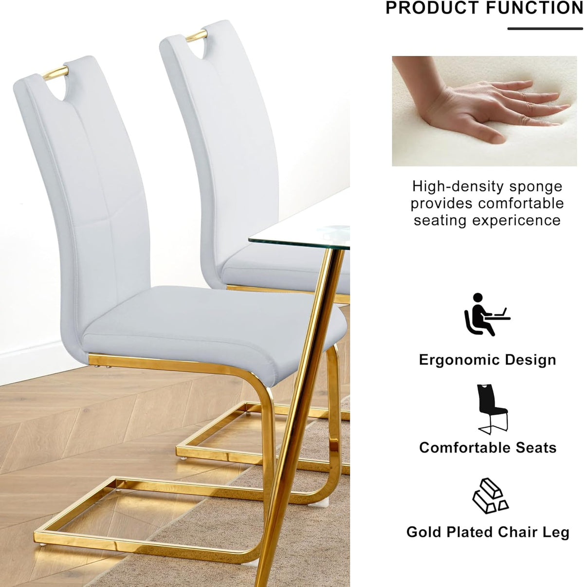 70" Glass Dining Table Set for 6, Modern Kitchen Table with 6 PU Leather Dining Chairs 7-Piece Dining Table and Chairs for 6 with Shiny Gold Metal Pedestal Base