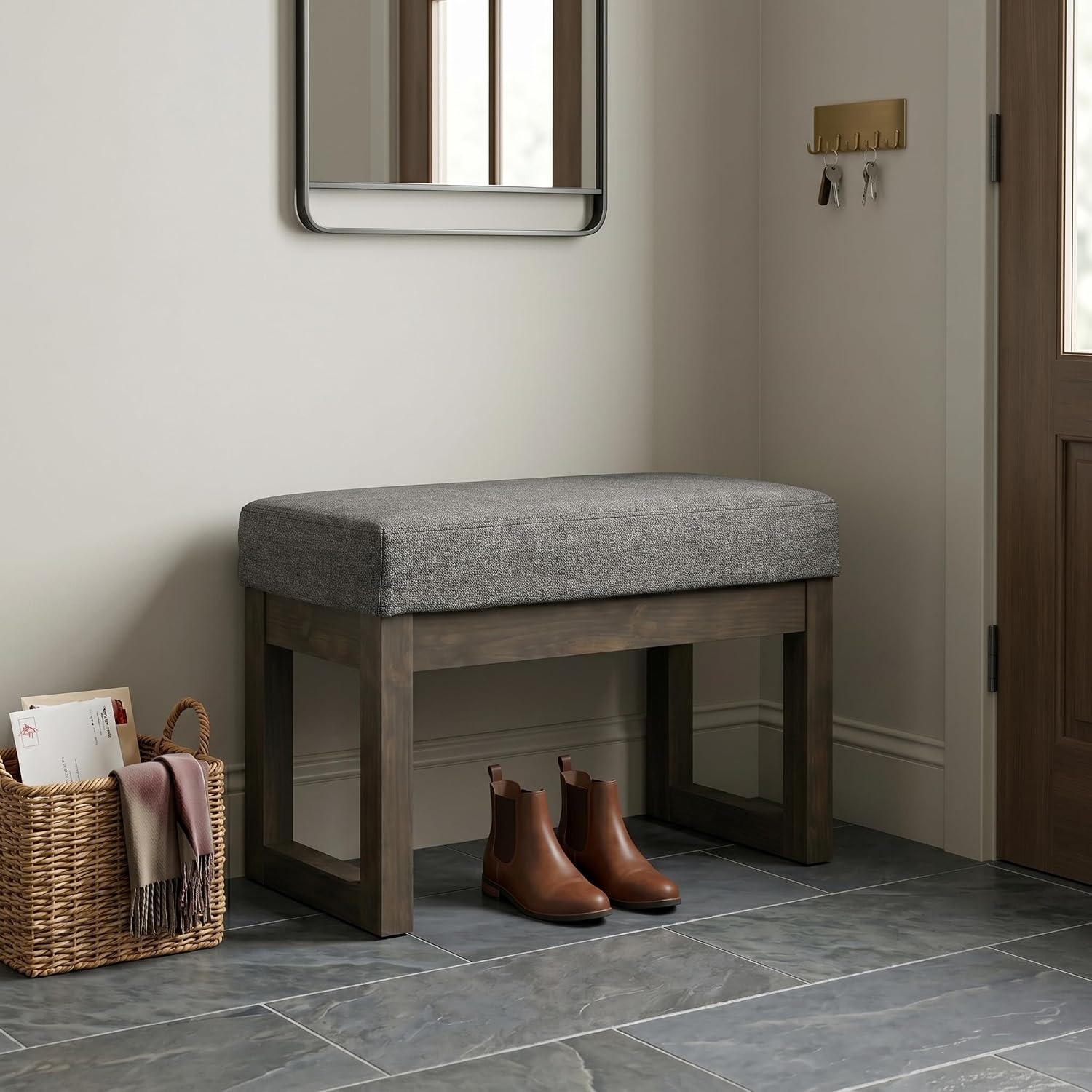 SIMPLIHOME Milltown 27" Wide Linen Look Rectangle Ottoman in Grey | Contemporary ottoman with a cushioned seat for extra seating in your bedroom or entryway; footstool, footrest or pouf.