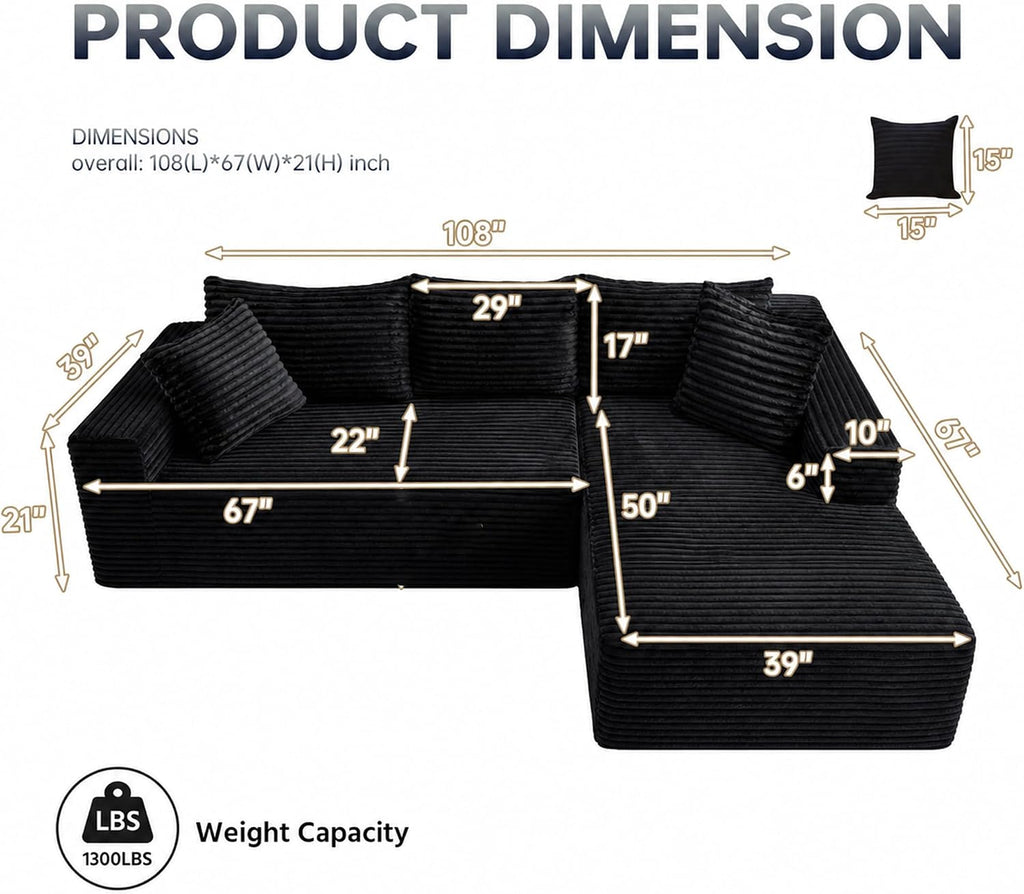 108" Modular Sectional Cloud Couch for Living Room Deep Seat L Shapes Couch with Oversized Chaise Lounge, Comfy Memory Foam Flannel Fabric Sofa for Bedroom Apartment, No Assembly Required