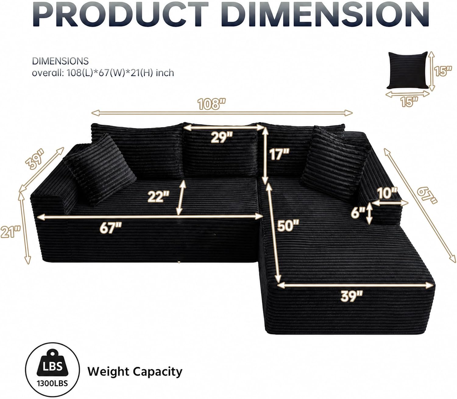 108" Modular Sectional Cloud Couch for Living Room Deep Seat L Shapes Couch with Oversized Chaise Lounge, Comfy Memory Foam Flannel Fabric Sofa for Bedroom Apartment, No Assembly Required