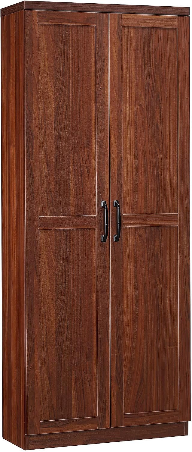 63" 2-Door Kitchen Pantry, Freestanding Storage Cabinet with 5-Tier Shelving and 2 Adjustable Shelves for Dining Room, Brown