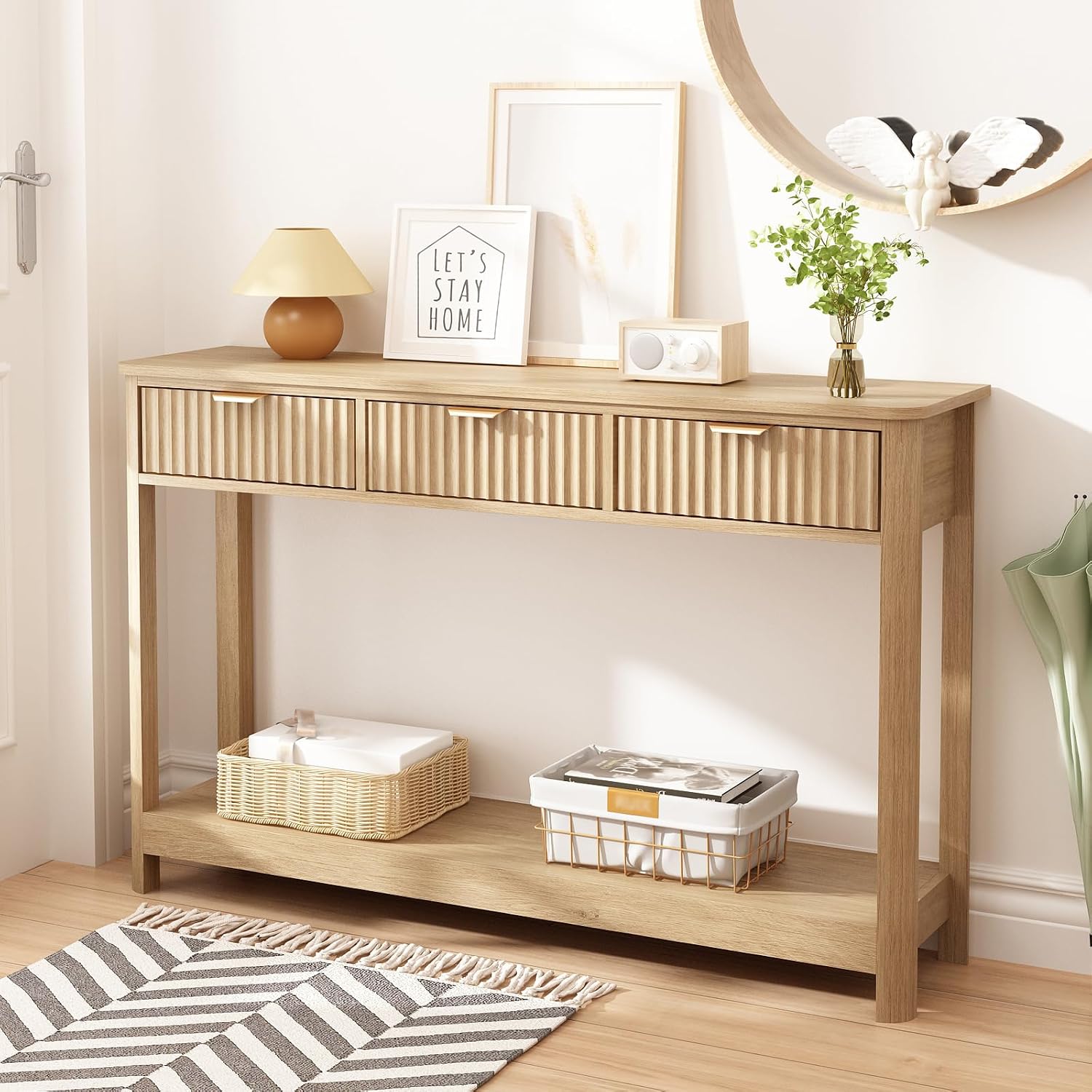 HOKYHOKY Fluted Console Table with Drawers, 47.1" Entryway Table, Natural