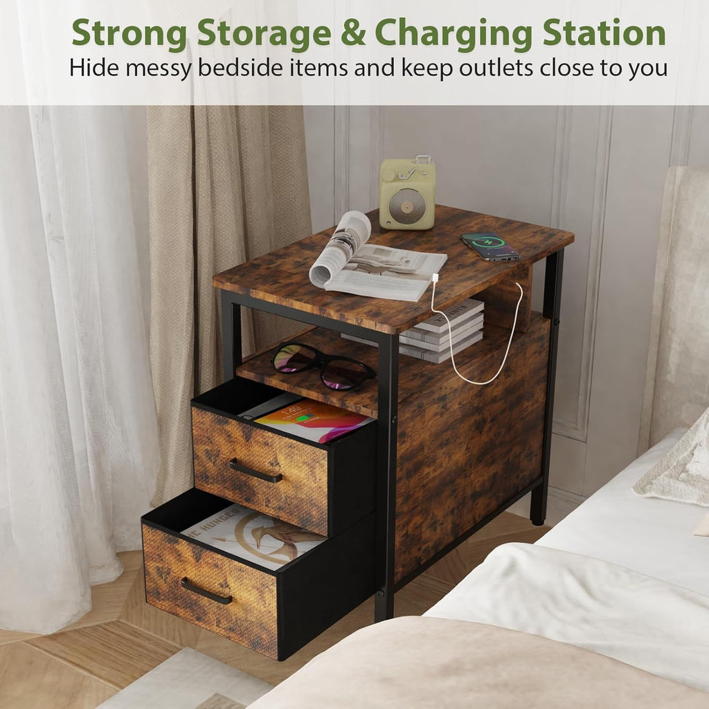 End Table with Charging Station, Narrow Side Table with 2 Fabric Drawers & Storage Shelf, USB Ports & Power Outlets, Nightstand for Bedroom, Living Room and Small Spaces, Rustic Brown