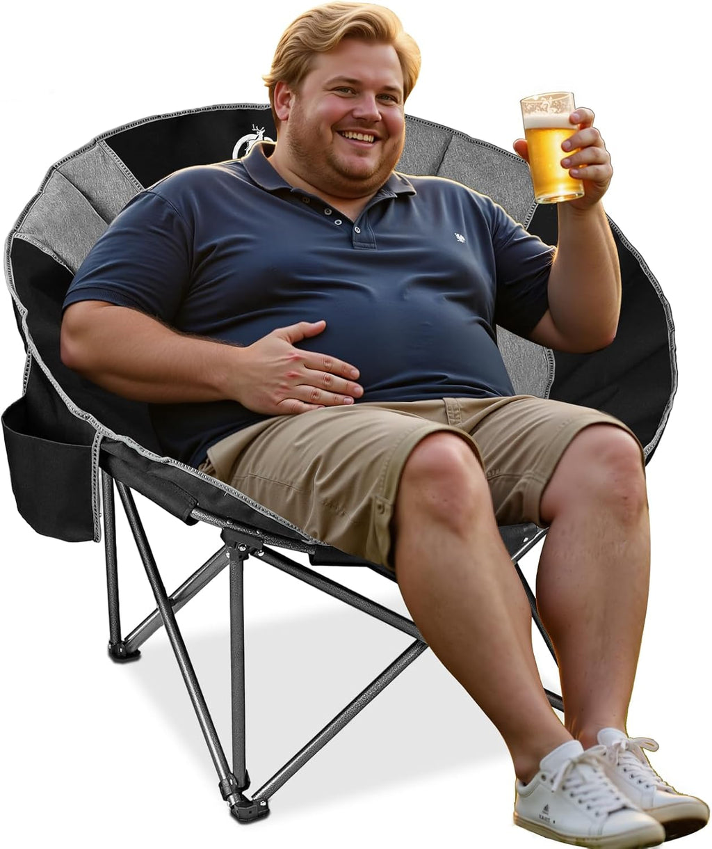 Northroad XXL Camping Moon Chair,Oversized Round Chair,Folding Padded Saucer w/Side Pocket,500lbs Capacity for Outdoor Hiking Fishing Picnic Lawn,Black&Grey