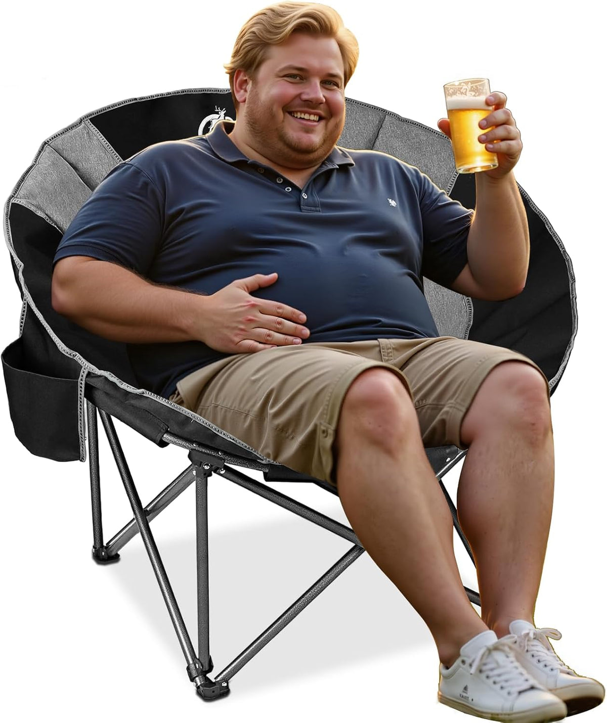 Northroad XXL Camping Moon Chair,Oversized Round Chair,Folding Padded Saucer w/Side Pocket,500lbs Capacity for Outdoor Hiking Fishing Picnic Lawn,Black&Grey