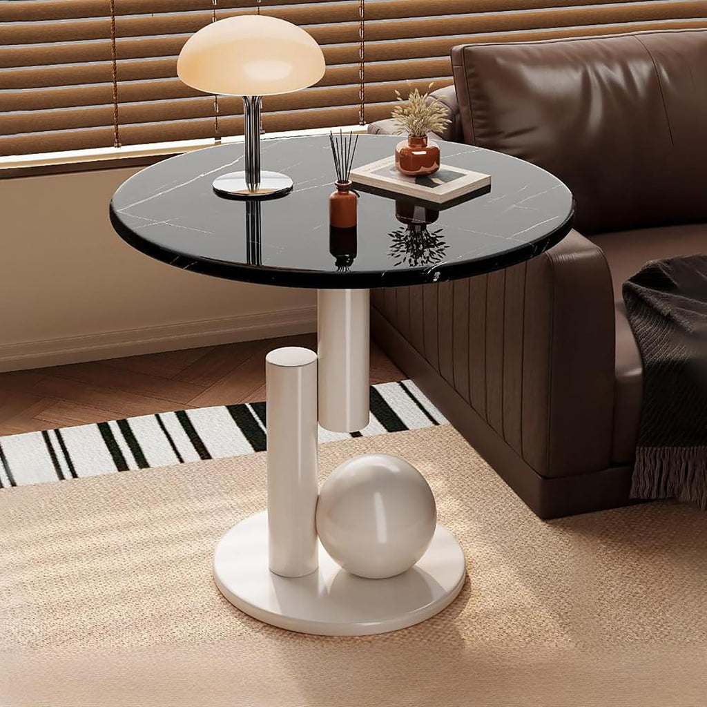 Metal End Table, Living Room Coffee Table with Marble Tabletop, Modern Geometric Decorative Table for Sofa Bedroom Apartment Reception Area Hotel(Width 23.6in/60cm, Black-White Base)