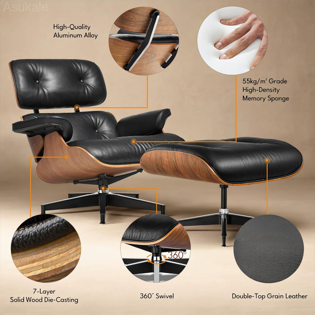 Top Grain Leather, Mid Century Chaise Lounge Chair Indoor, Chair with Ottoman, Reading Chair, Leather Accent Chair, Modern Arm Chair, Classic Design, Heavy Duty Base Support for Living Room, Walnut