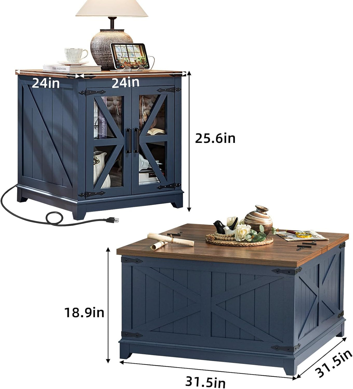 Joaxswe Farmhouse Coffee Table Set 3, End Table and Coffee Table | Blue 24'' Side Table with Charger and Coffee Table with Hidden Storage Organizer, Center Table Set for Living Room,Office
