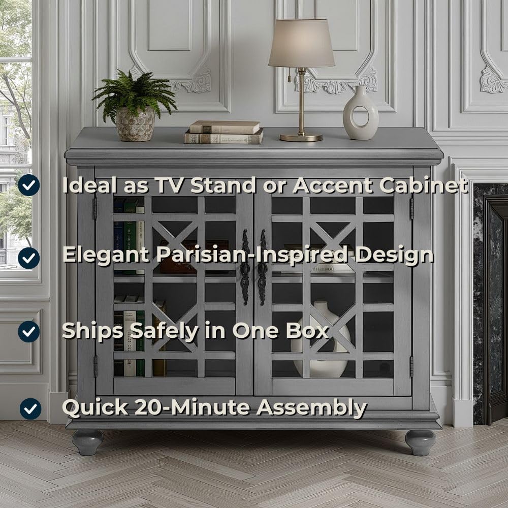 Martin Svensson Home Elegant Small Spaces Accent Cabinet, Gray | Solid Wood, Glass Doors, Vintage Sideboard, Small TV Stand for Living Room or Entryway, Turned Bun Feet, Adjustable Shelf