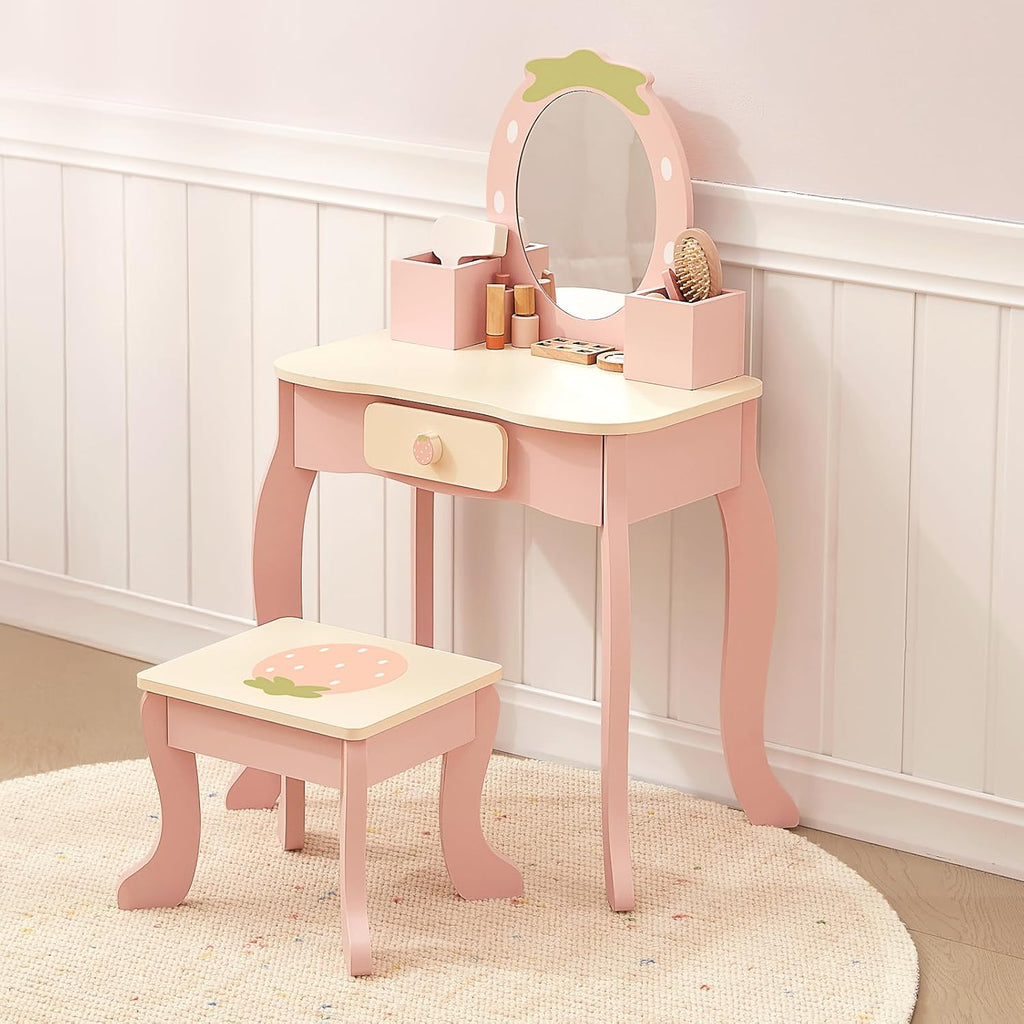 OOOK Toddler Vanity for 3 Year Old with 10pcs Pretend Makeup Accessories | FSC Safety, Kids Vanity and Makeup Table for Kids with Drawer, Pink Strawberry-Themed, Ideal Gift Choice for Girls Aged 3+