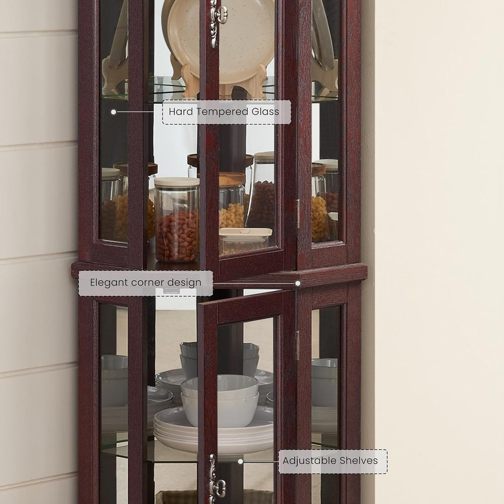 Lighted Corner Curio Cabinet 70.5" Tall Wooden China Cabinet with Tempered Glass Doors, Freestanding Glass Display Case Wine Cabinet Storage Rack for Bar and Liquor Storage (Dark Cherry)