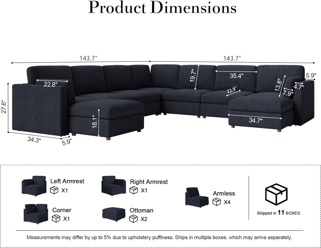 Oversized Modular Sectional Sofa U-Shaped Cloud Couches Blue | 9 Seater Large Deep Seat Couch Luxury Sectional Couches for Living Room, Solid Wood Frame, Removable Washable Cover