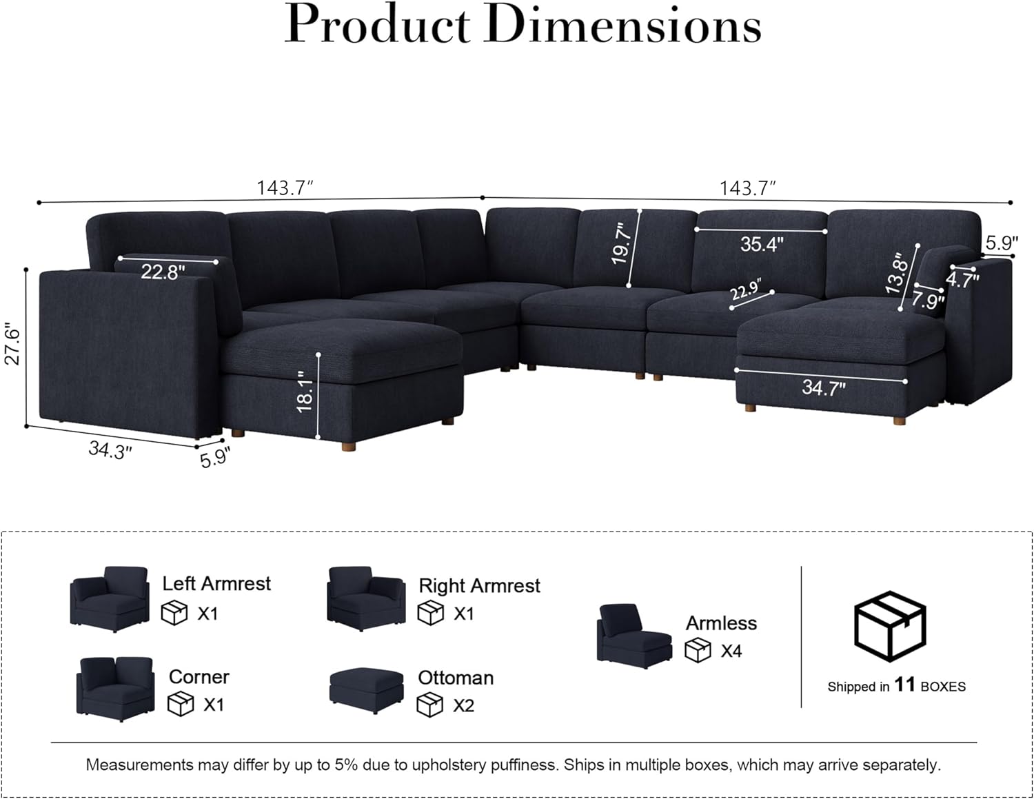 Oversized Modular Sectional Sofa U-Shaped Cloud Couches Blue | 9 Seater Large Deep Seat Couch Luxury Sectional Couches for Living Room, Solid Wood Frame, Removable Washable Cover