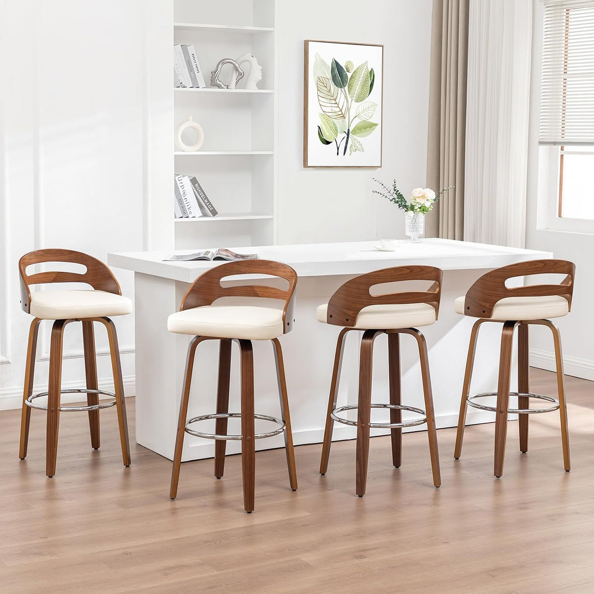 Swivel Bar Stools, 30 inch Mid Century Modern Bar Stools with Low Back | Solid Bentwood Frame, Walnut Finish, Wooden Legs, Faux Leather Upholstered Seat, Bar Chairs for Bar, Cafe, Pub, Restaurant
