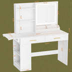 ERLEJIA Vanity Desk with Mirror and Lights, 43.31" Makeup Table Without Stool, Extra Foldable Desk with 3 Open Shelves 4 Drawers Dressing Table for Girls and Ladies Bedroom, White