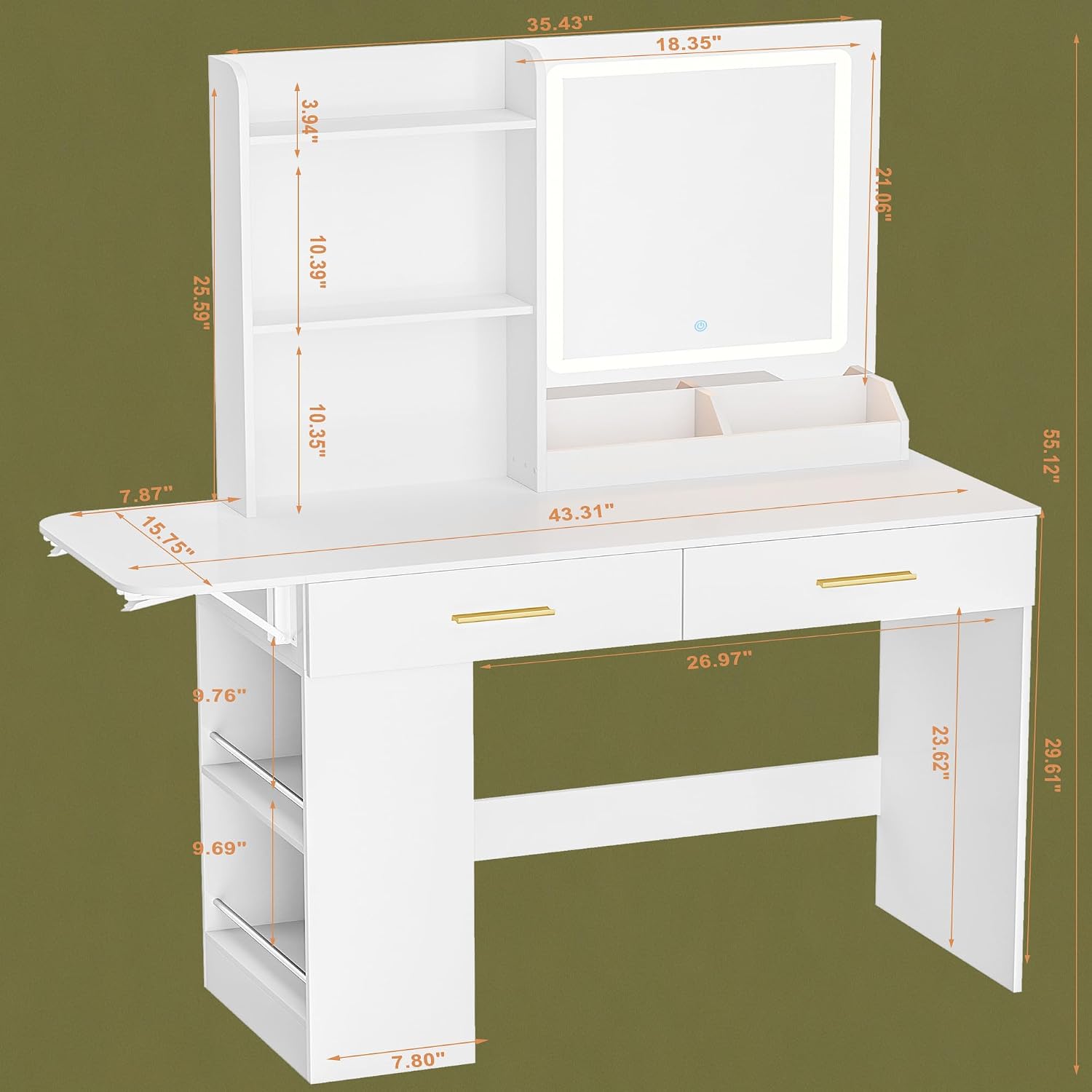 ERLEJIA Vanity Desk with Mirror and Lights, 43.31" Makeup Table Without Stool, Extra Foldable Desk with 3 Open Shelves 4 Drawers Dressing Table for Girls and Ladies Bedroom, White