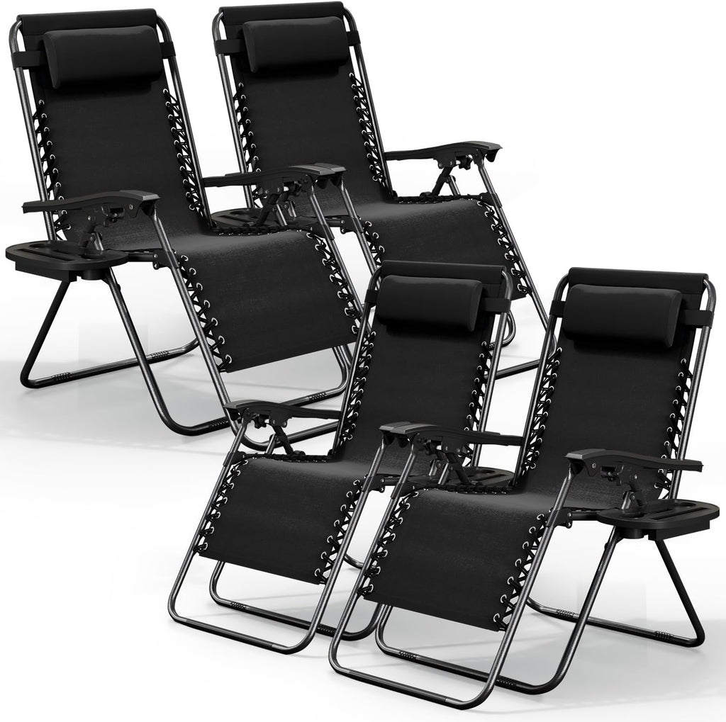Nestl Zero Gravity Chairs Set of 4, Patio Lounge Chair Outdoor with Pillows & Cup Holder Trays, Adjustable Steel Mesh Reclining Camping Chair, Folding Patio Lawn Chair for Deck, Beach, Yard - Black