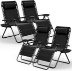 Nestl Zero Gravity Chairs Set of 4, Patio Lounge Chair Outdoor with Pillows & Cup Holder Trays, Adjustable Steel Mesh Reclining Camping Chair, Folding Patio Lawn Chair for Deck, Beach, Yard - Black