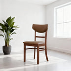 Livinia Bay Dining Chair Set of 2, Solid Malaysian Oak PU Leather Upholstered Cushion Seat, Curved Back Side Chairs (Walnut)