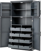 71" Tall Kitchen Pantry Cabinet with 4 Doors, 8 Pull-out Trays (Gray) | Adjustable Shelves, Freestanding Storage Cabinet for Kitchen Dining Room Living Room, Anti-Tip Design