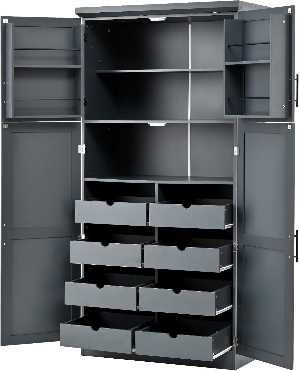 71" Tall Kitchen Pantry Cabinet with 4 Doors, 8 Pull-out Trays (Gray) | Adjustable Shelves, Freestanding Storage Cabinet for Kitchen Dining Room Living Room, Anti-Tip Design